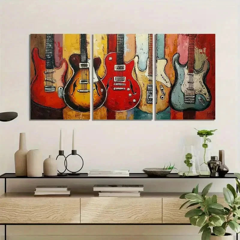 3pcs Electric Guitars in Abstract Art Painting Metal Print Ready to Hang Art