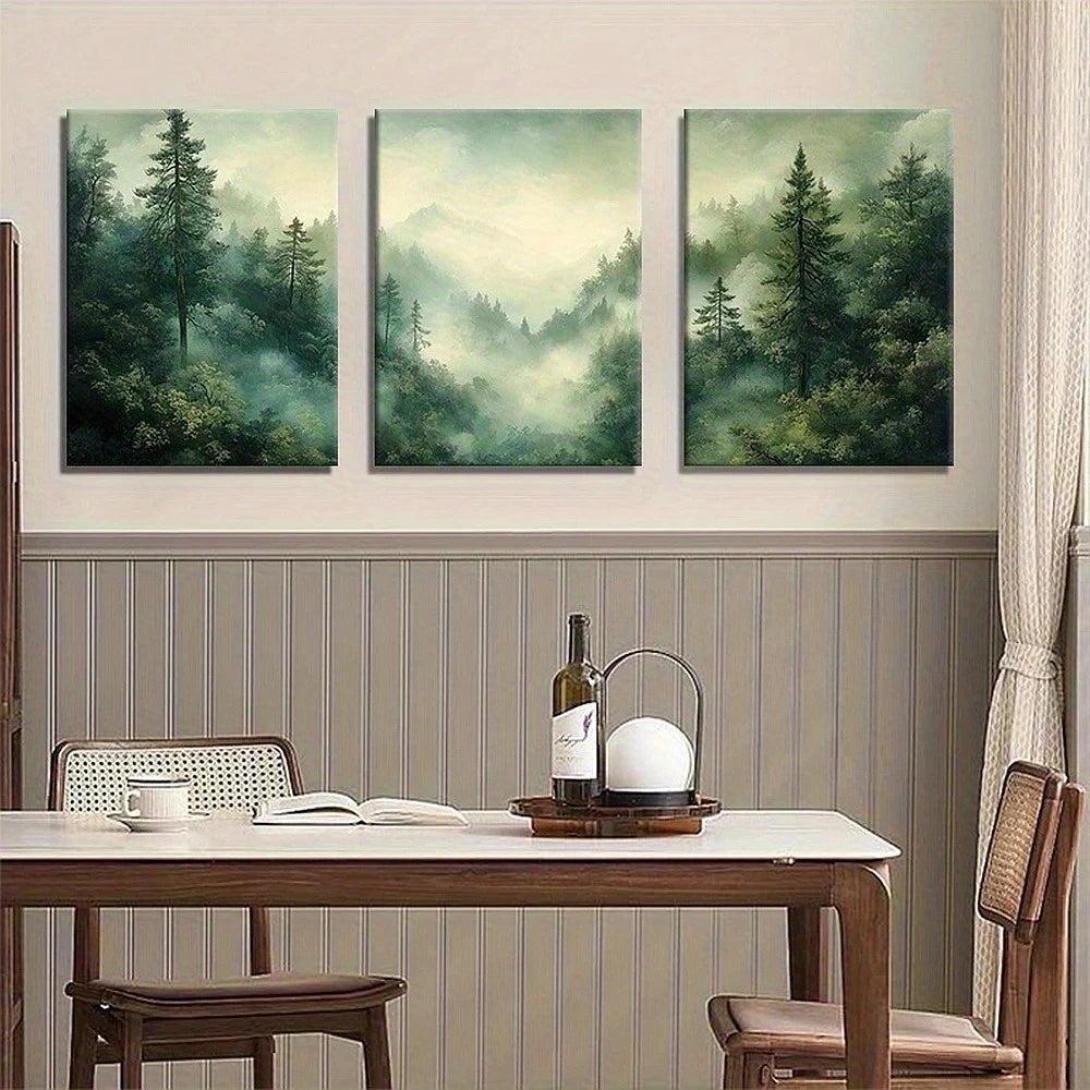 3pcs Misty Green Forest Landscape Serene Nature Metal Print Ready to Hang Art
