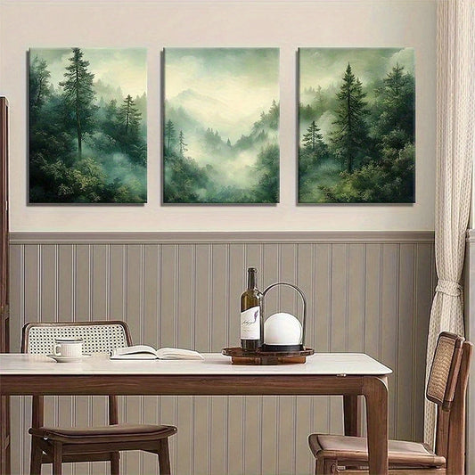 3pcs Misty Green Forest Landscape Serene Nature Metal Print Ready to Hang Art
