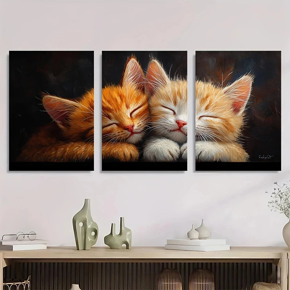 3pcs Adorable Ginger Cute Kitten Black Metal Print Ready to Hang Art