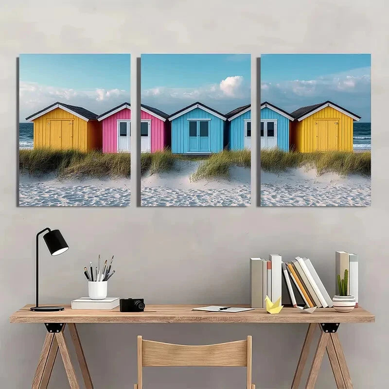 3pcs Pastel Summer Seaside Beach Huts Art Metal Print Ready to Hang Art