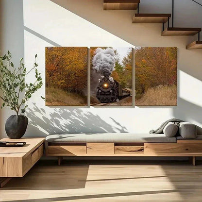 3pcs Vintage Steam Train  with Autumnal Trees  Wall Art Set Canvas Framed 40x60cm - High Quality Print 100% Australian Made Wall Canvas Ready to Hang