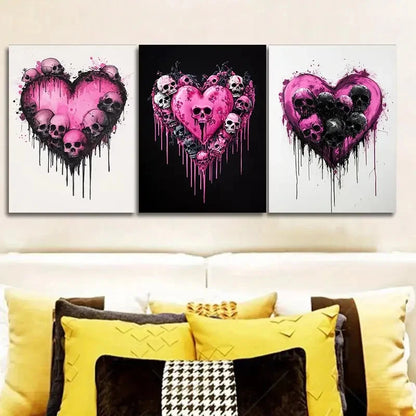 3pcs Gothic Heart and Skull  Elegant Black & Pink Metal Print Ready to Hang Art