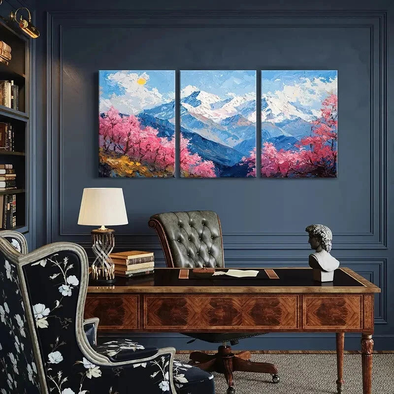 3pcs Snowy Mountain Landscape Pink Blossoms Metal Print Ready to Hang Art