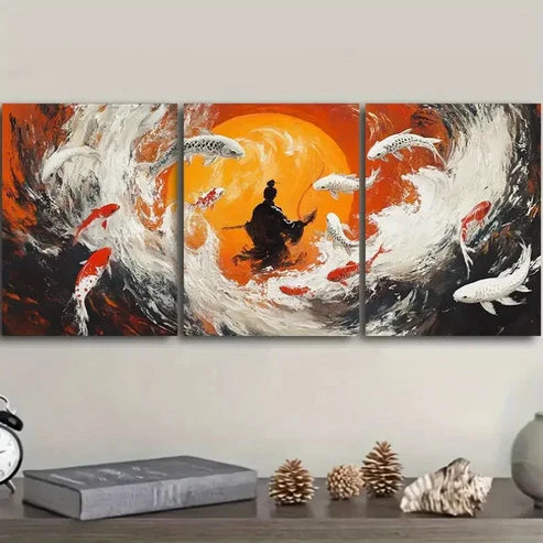 3pcs Fisherman, Koi Wall Art Set Canvas Unframed - High Quality Print 100% Australian Made Wall Canvas