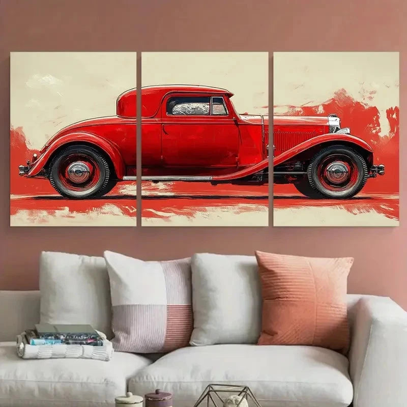 3pcs 1920s Red Car Digital Illustration Metal Print Ready to Hang Art