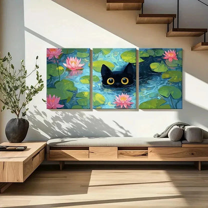 3pcs Black Cat in Lotus Pond Water Lily Abstract Metal Print Ready to Hang Art