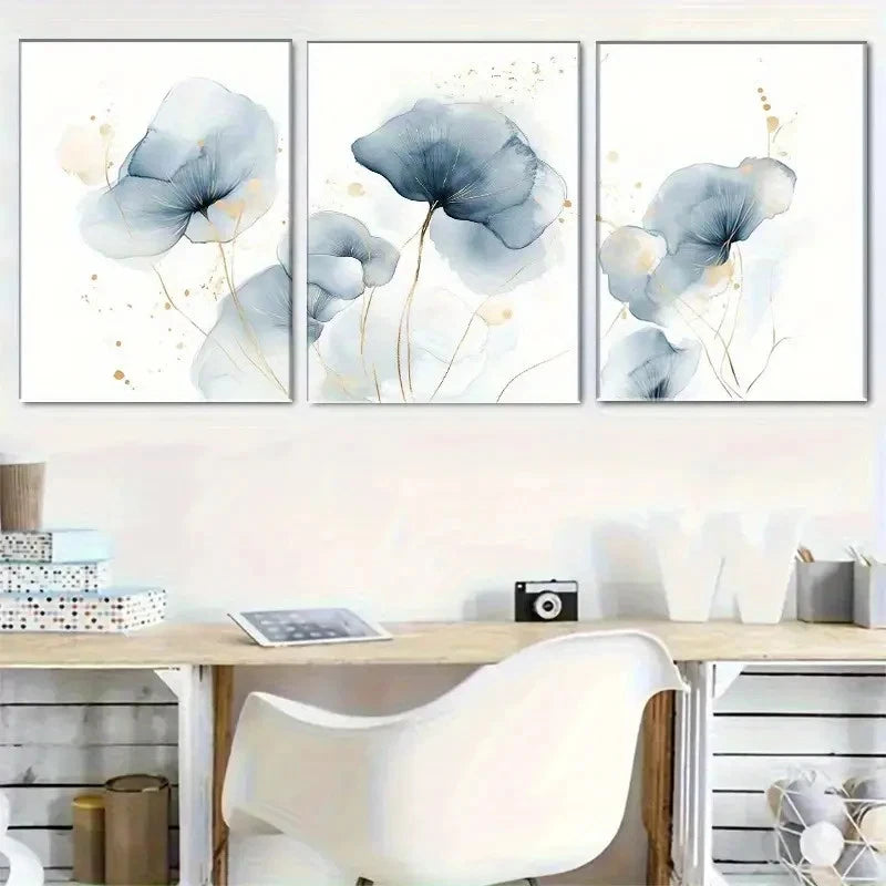 3pcs Elegant Blue Floral Art Set Metal Print Ready to Hang Art