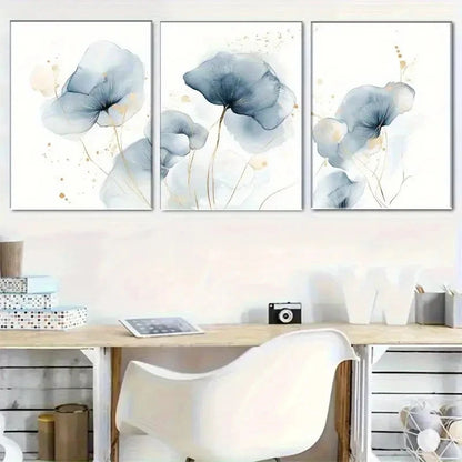 3pcs Elegant Blue Floral Art Set Metal Print Ready to Hang Art