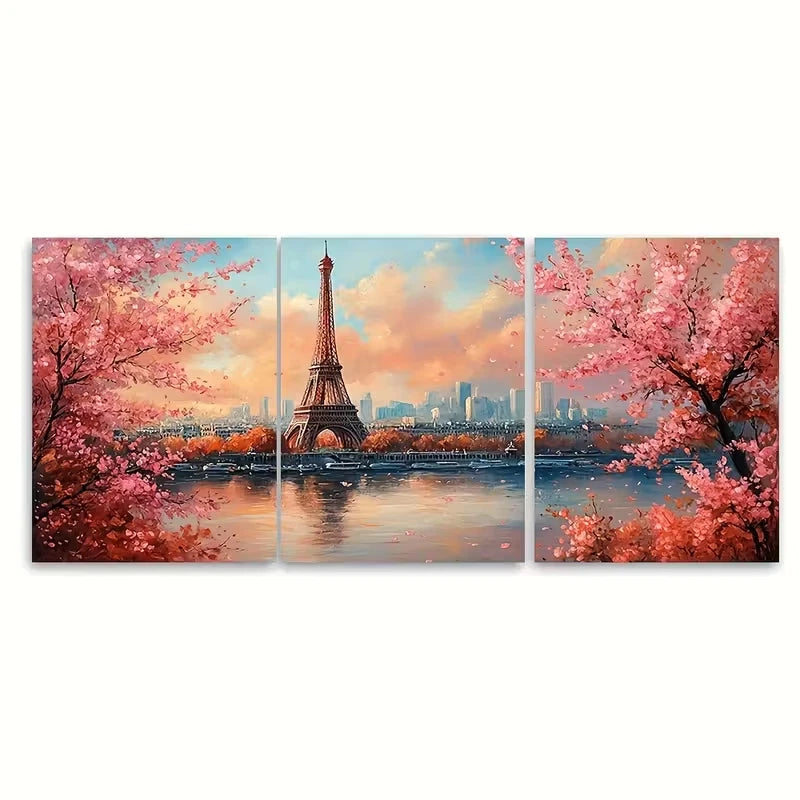 3pcs Watercolor Paris Spring Cherry Blossoms Metal Print Ready to Hang Art