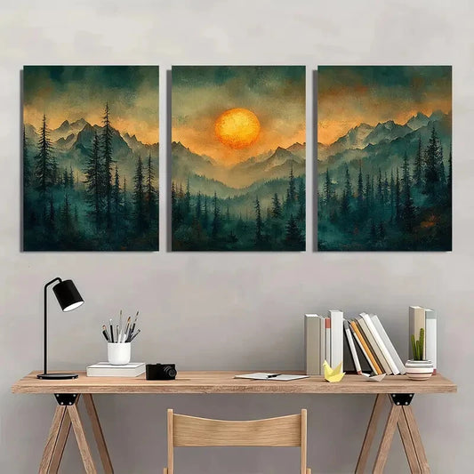 3pcs Sunset Mountains Trees & Sunset Scenery Metal Print Ready to Hang Art