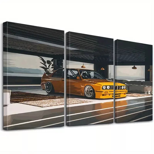 3pcs Retro Minimalist Vintage Yellow Sports Car  Wall Art Set Canvas Framed 50x70cm -  High Quality Print 100% Australian Made Wall Canvas Ready to Hang