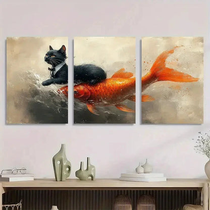 3pcs Whimsical Tuxedo Cat Riding Goldfish Metal Print Ready to Hang Art