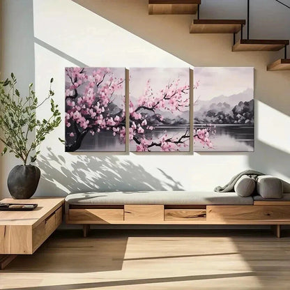 3pcs Tranquil Lake & Japanese Sakura Wall Art Set Canvas Framed 40x60cm - High Quality Print 100% Australian Made Wall Canvas Ready to Hang