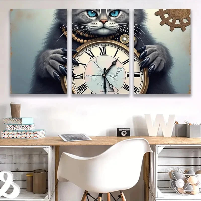 3pcs Grey Cat with Pocket Watch Spray Paint Art Wall Art Set Canvas Framed 50x70cm - High Quality Print 100% Australian Made Wall Canvas Ready to Hang