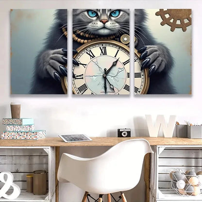 3pcs Grey Cat with Pocket Watch Spray Paint Art Wall Art Set Canvas Framed 50x70cm - High Quality Print 100% Australian Made Wall Canvas Ready to Hang