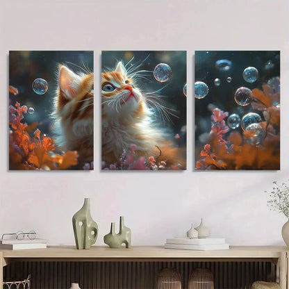 3pcs Whimsical Kitten Big Eyes & Vibrant Colors Metal Print Ready to Hang Art