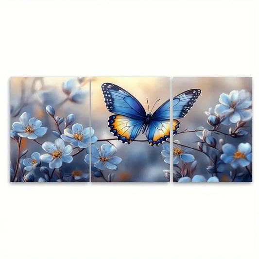 3pcs Delicate Flower Branch with Blue Butterfly Wall Art Set Canvas Framed 60x90cm - High Quality Print 100% Australian Made Wall Canvas Ready to Hang