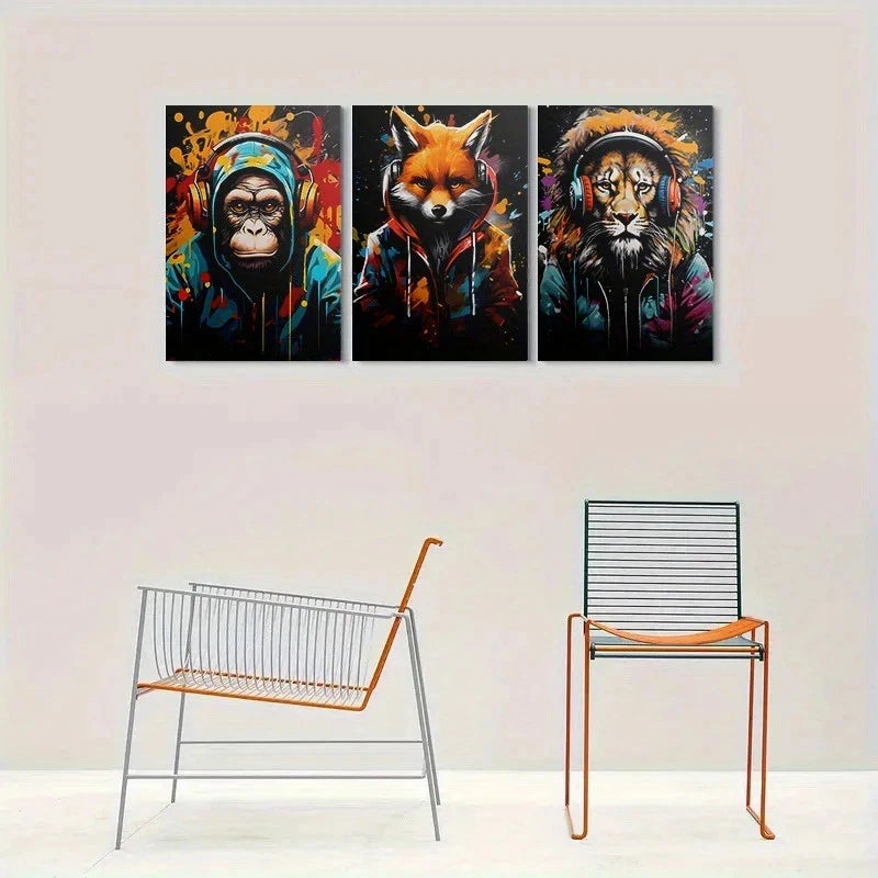 3pcs Wild Beats Animal Headphones Metal Print Ready to Hang Art
