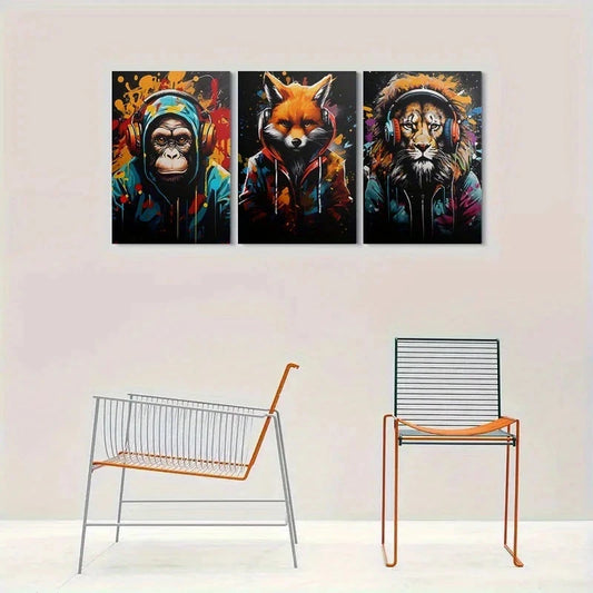 3pcs Wild Beats Animal Headphones Metal Print Ready to Hang Art