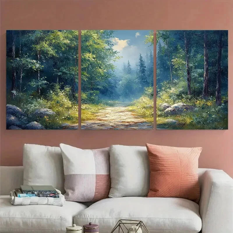 3pcs Green Forest Landscape with Pathway Metal Print Ready to Hang Art