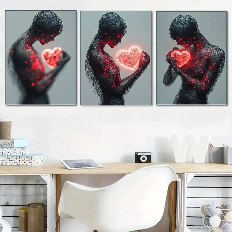 3pcs Wireframe Figure with Glowing Red Heart Metal Print Ready to Hang Art