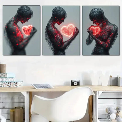 3pcs Wireframe Figure with Glowing Red Heart Metal Print Ready to Hang Art