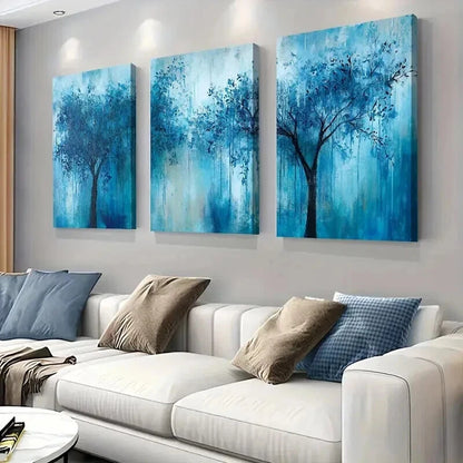 3pcs Abstract Blue Tree Vibrant Forest Scene Wall Art Set Canvas Framed 40x60cm - High Quality Print 100% Australian Made Wall Canvas Ready to Hang
