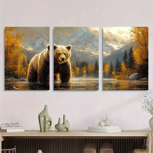 3pcs Whimsical Brown Bear Animal Theme Metal Print Ready to Hang Art