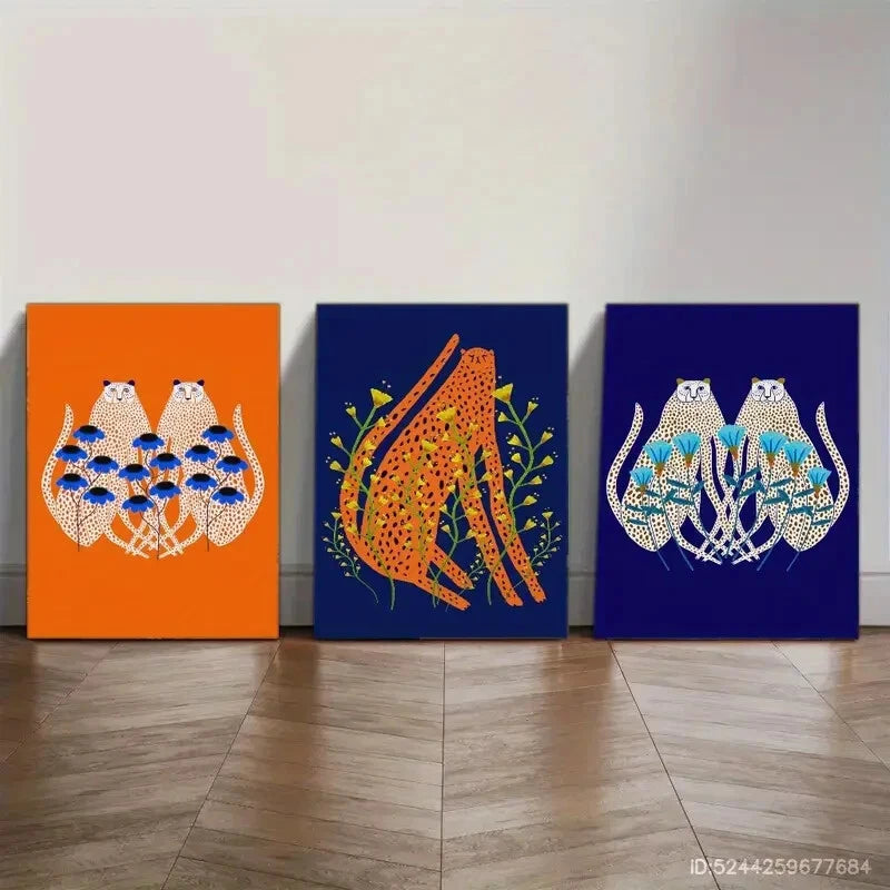 3pcs Decor Cheetah and Blue Daisies Snow Cheetah Metal Print Ready to Hang