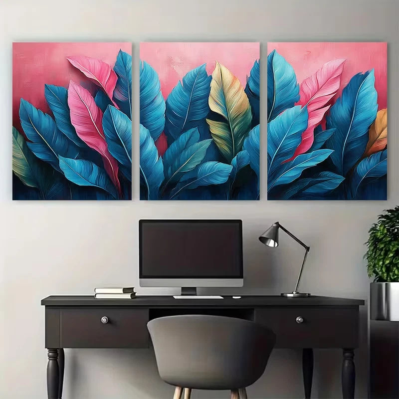 3pcs Jungle Foliage Pink Blue Teal Leaves Wall Art Set Canvas Framed 40x60cm - High Quality Print 100% Australian Made Wall Canvas Ready to Hang