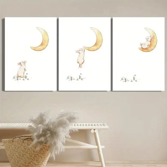 3pcs Cute Rabbit Climbed to The Moon to Sleep Metal Print Ready to Hang Art