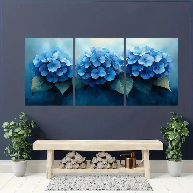 3pcs Elegant Blue Hydrangea Floral Watercolor Metal Print Ready to Hang Art