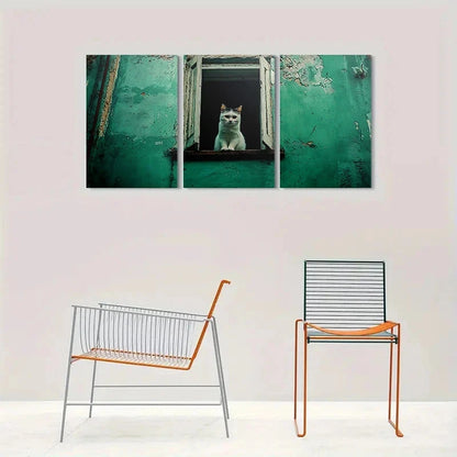 3pcs Vintage Green Cat in Window Metal Print Ready to Hang Art