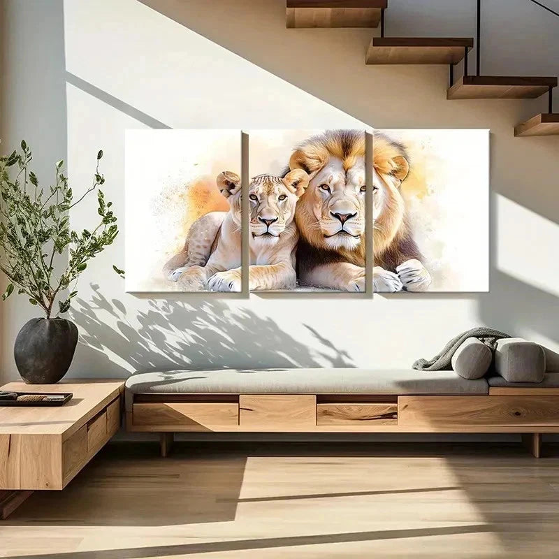 3pcs Retro Animal Art Lion Couple Wall Art Set Canvas Framed 40x60cm - High Quality Print 100% Australian Made Wall Canvas Ready to Hang
