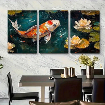 3pcs One Koi Fish T Wall Art Set Canvas Framed 60x90cm - High Quality Print 100% Australian Made Wall Canvas Ready to Hang