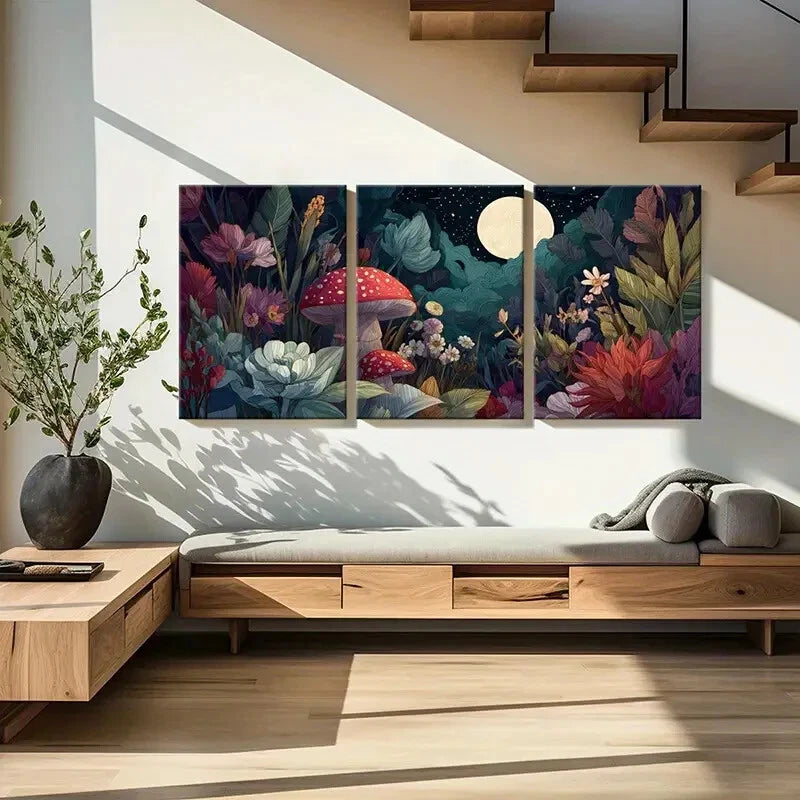 3pcs Moonlit Forest Mushrooms Flowers Night Metal Print Ready to Hang Art
