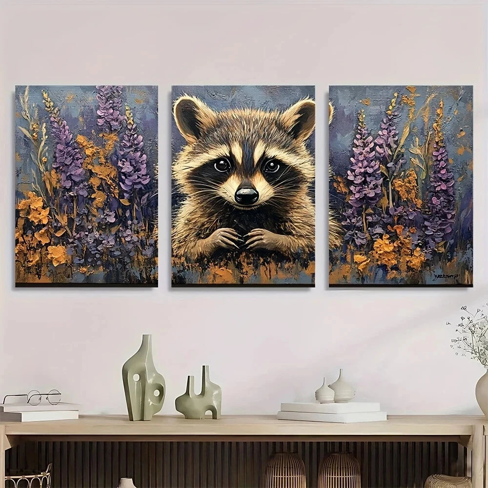 3pcs Whimsical Raccoon in Purple Orchid Garden Metal Print Ready to Hang Art