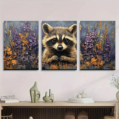 3pcs Whimsical Raccoon in Purple Orchid Garden Metal Print Ready to Hang Art