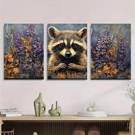 3pcs Whimsical Raccoon in Purple Orchid Garden Metal Print Ready to Hang Art