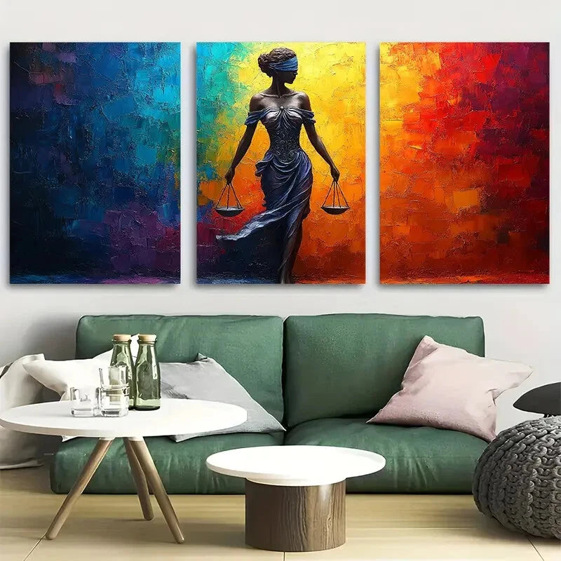 3pcs Lady Justice in Vibrant Background Design Metal Print Ready to Hang Art