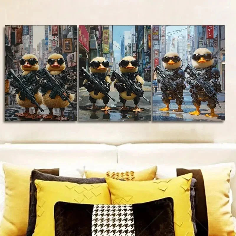 3pcs Two cute baby ducks in cyberpunk armor Wall Art Set Canvas Framed 50x70cm - High Quality Print 100% Australian Made Wall Canvas Ready to Hang