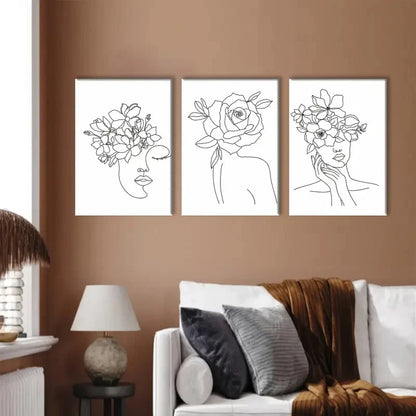 3pcs Black & White Floral Woman Illustrations Metal Print Ready to Hang Art