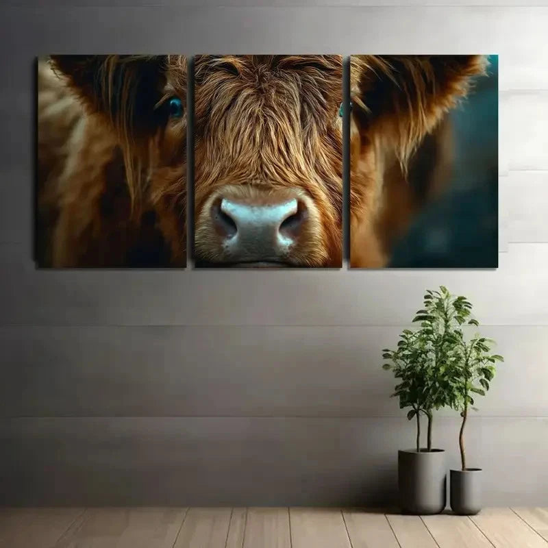 3pcs Brown Highland Cow with Long Hair Metal Print Ready to Hang Art