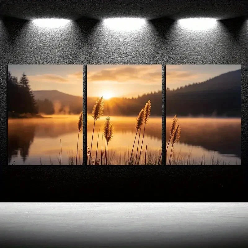 3pcs Reeds by the Lake with Sunlit Scene Metal Print Ready to Hang Art
