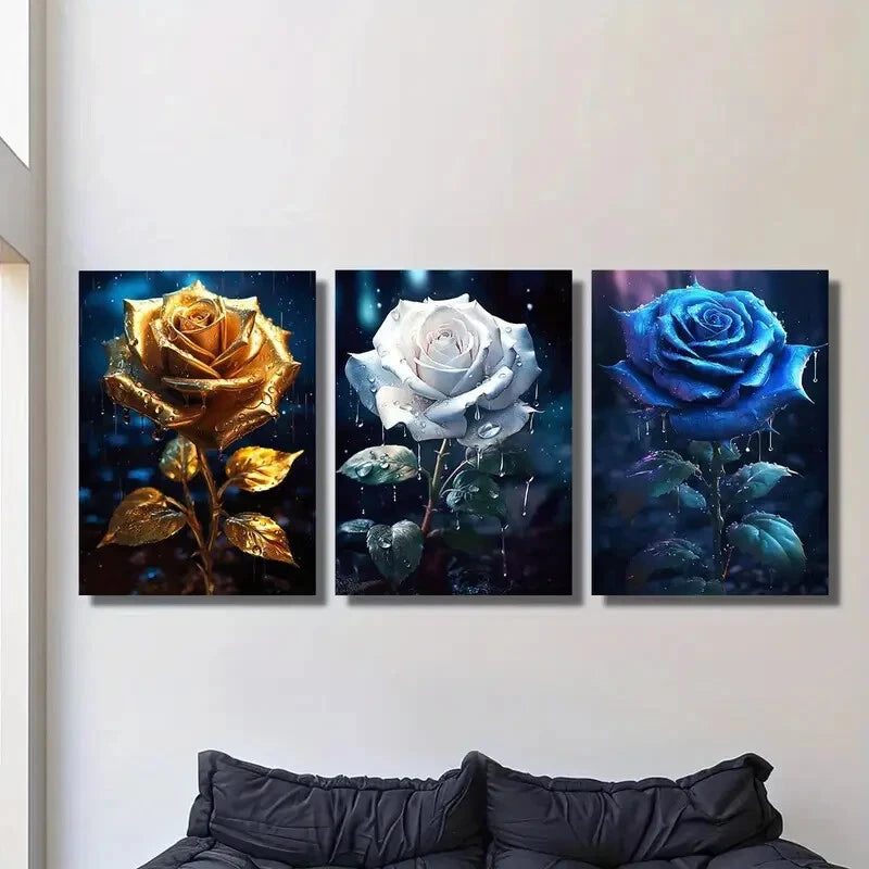 3pcs Rose Flower Art, Golden, White, Blue Metal Print Ready to Hang Art