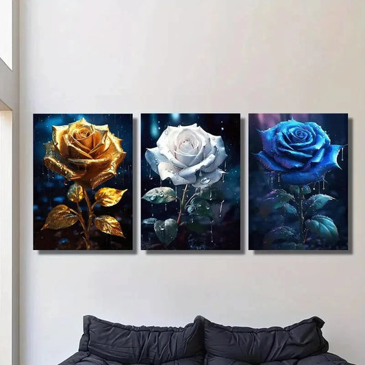 3pcs Rose Flower Art, Golden, White, Blue Metal Print Ready to Hang Art