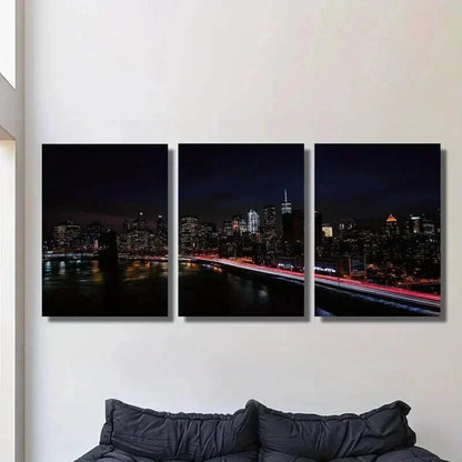 3pcs New York City Night Skyline Decor Wall Art Set Canvas Framed 40x60cm - High Quality Print 100% Australian Made Wall Canvas Ready to Hang
