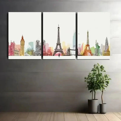 3pcs Skyline of Famous Landmarks Painting Metal Print Ready to Hang Art