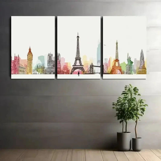 3pcs Skyline of Famous Landmarks Painting Metal Print Ready to Hang Art